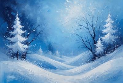 The primary subject of the image is a snowy landscape featuring a path between two trees. The setting is a wintery environment with snow covering the ground and trees. The visual style is a painting, which gives the scene a more artistic and detailed appearance. The colors and mood of the image are predominantly white and cold, reflecting the wintry atmosphere.